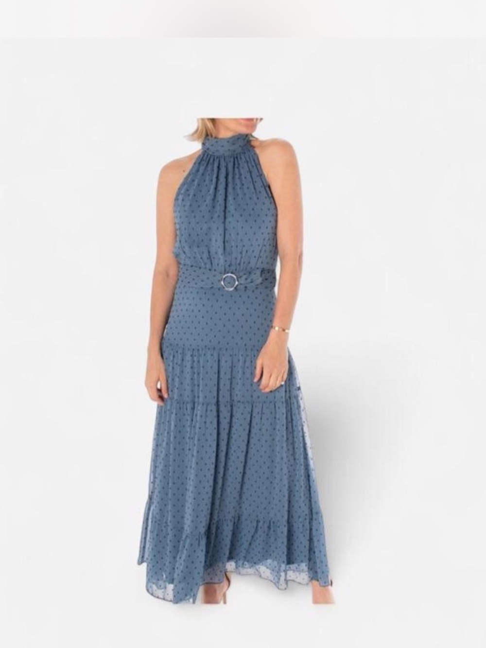 Taylor Sleeveless High-Neck Blue Polka Dot Maxi Dress with Belt